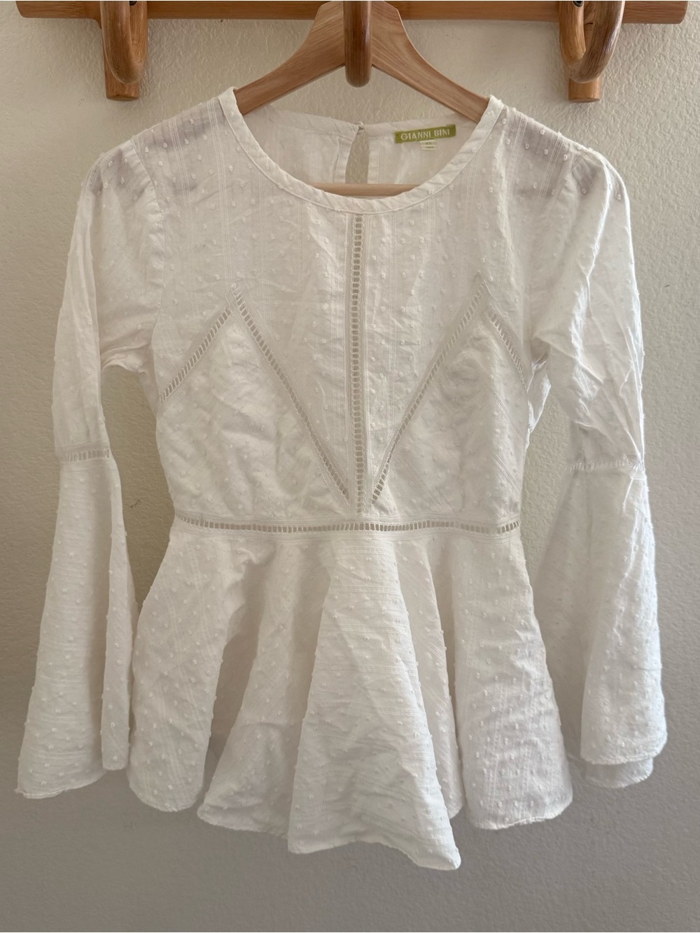 Gianni Bini boho chic Cottagecore white peplum top blouse Swiss dot bell sleeve